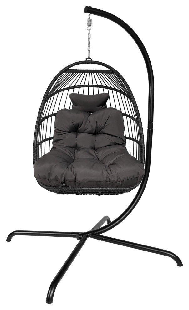 Outdoor Rattan Swing Chair Hanging Egg Chair With Cushion and Pillow, Dark Gray