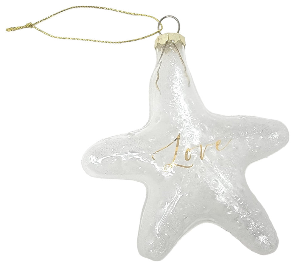 Coastal Clear Starfish Ornament Art Glass Gold Holiday 4 in Sparkly, Clear/White - Love