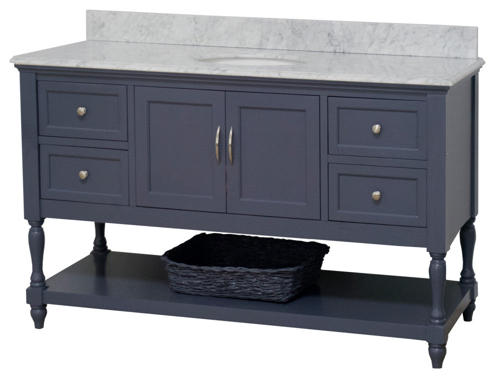 Beverly 60" Bath Vanity, Marine Gray, Carrara Marble, Single Vanity