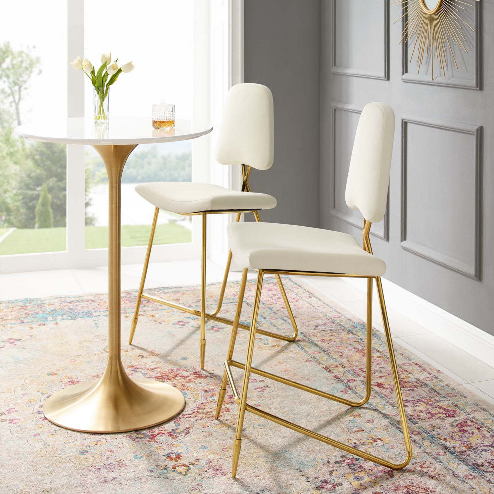 Bar Stool Chair Barstool, Set of 2, Velvet, Metal, Ivory White, Modern, Bar Pub