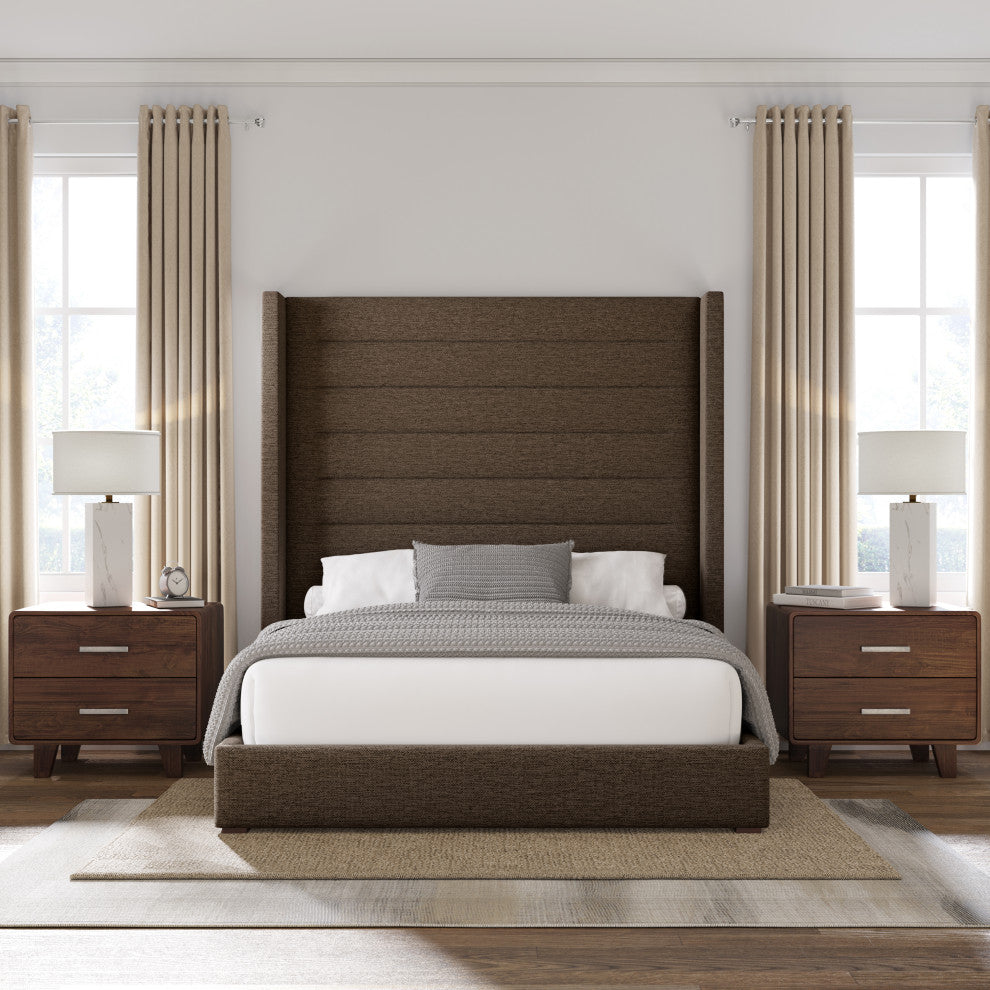 Nativa Interiors Aylet Horizontal Channel Tufted Bed, Brown, King, High Headboard