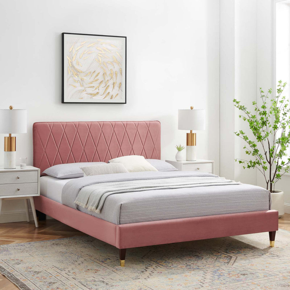 Platform Bed Frame, Queen Size, Velvet, Pink, Modern Contemporary, Bedroom
