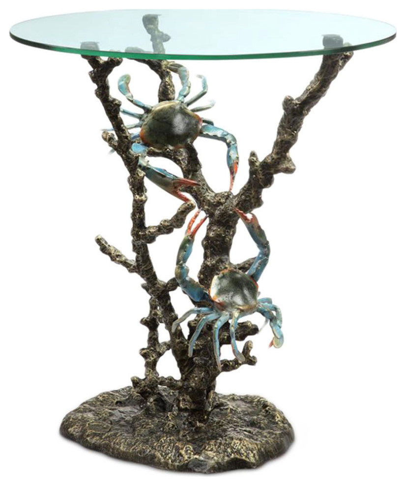 Aluminum Coral and Crab Decorative Glass Top End Table