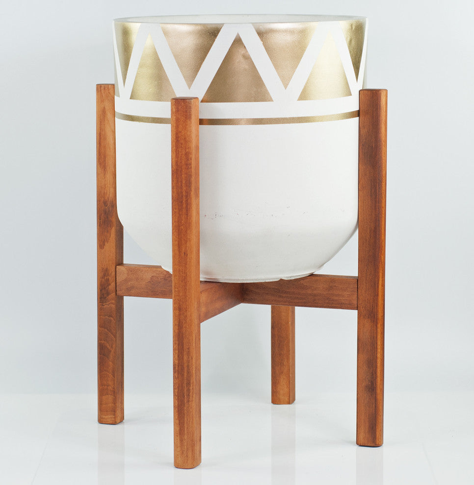 XX Large Hand Paint Fiber Clay Pot 16'' With Wood Plant Stand Walnut