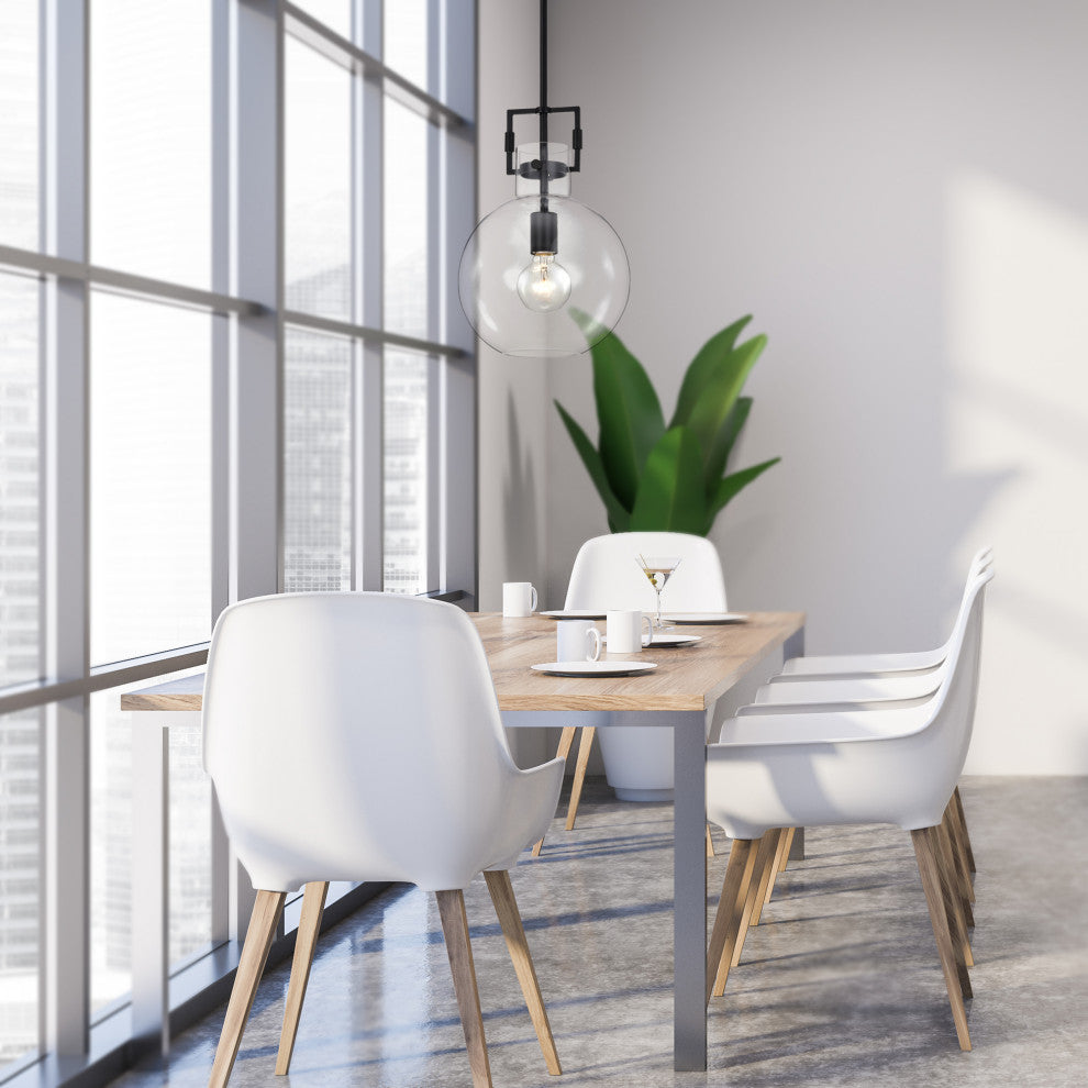 1-Light 10 in. Matte Black Pendant With Globe Shaped Clear Glass Shade