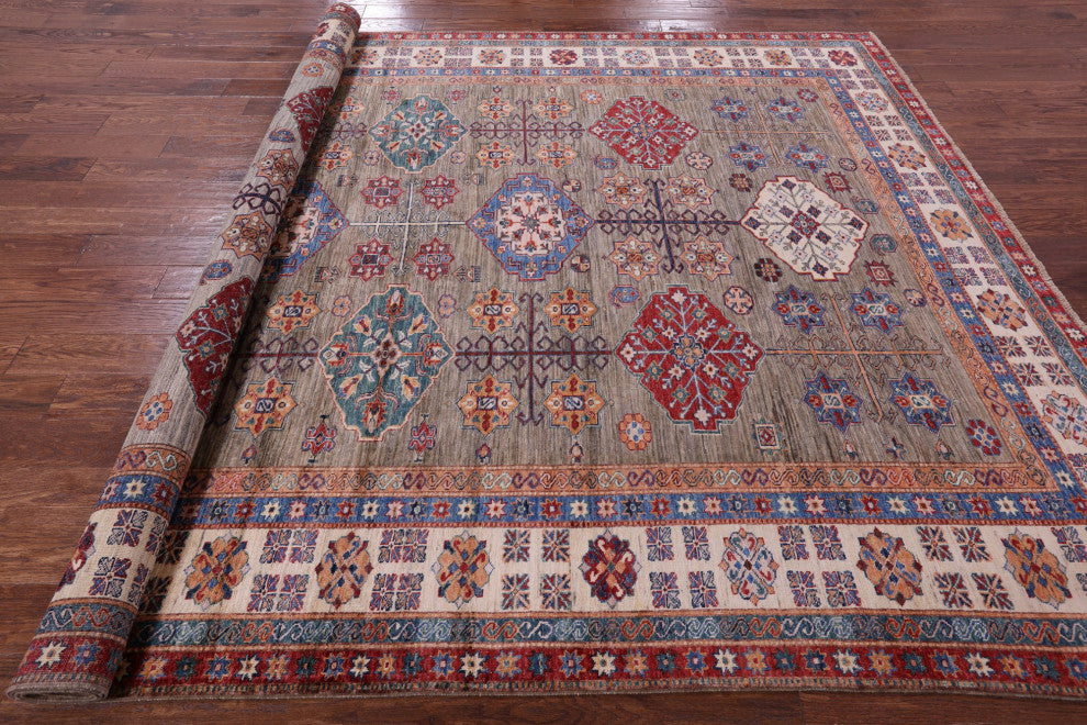 8' 2" X 11' 1" Handmade Geometric Super Kazak Wool Rug Q9865