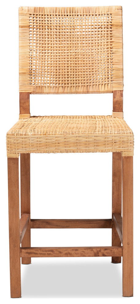 Lesia Bohemian Natural Brown Rattan and Walnut Brown Finished Wood Counter Stool