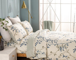 Blue Leaf Vine Cream Poplin Cotton Duvet Cover