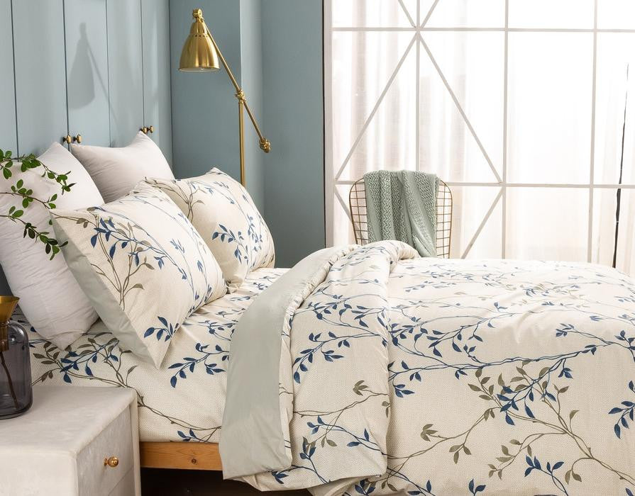 Blue Leaf Vine Cream Poplin Cotton Duvet Cover