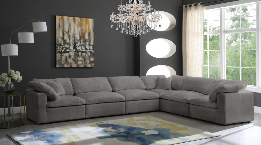 Cozy Velvet Upholstered Comfort L-Shaped Modular Sectional, Grey, 6-Piece: 3 Armless Chair, 3 Corner Chair