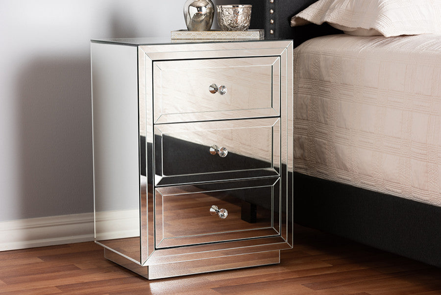Hollywood Regency Glamour Style Mirrored Three Drawer Nightstand Bedside Table