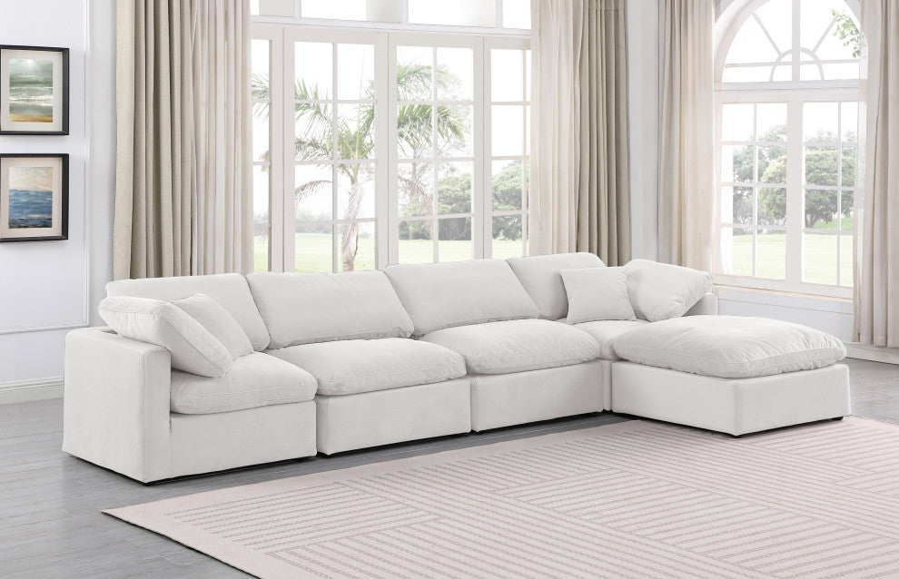 Indulge Upholstered Modular L-Shaped Sectional, Cream, 5-Piece: 2 Armless Chair, 2 Corner Chair, 1 Ottoman, Down Stuffed Velvet