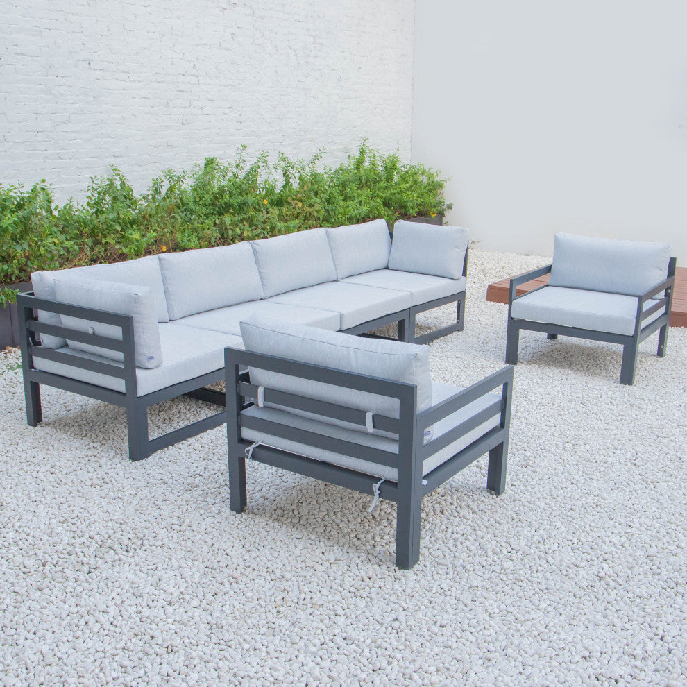 LeisureMod Chelsea 6-Piece Patio Armchair Sectional Black Aluminum, Light Gray