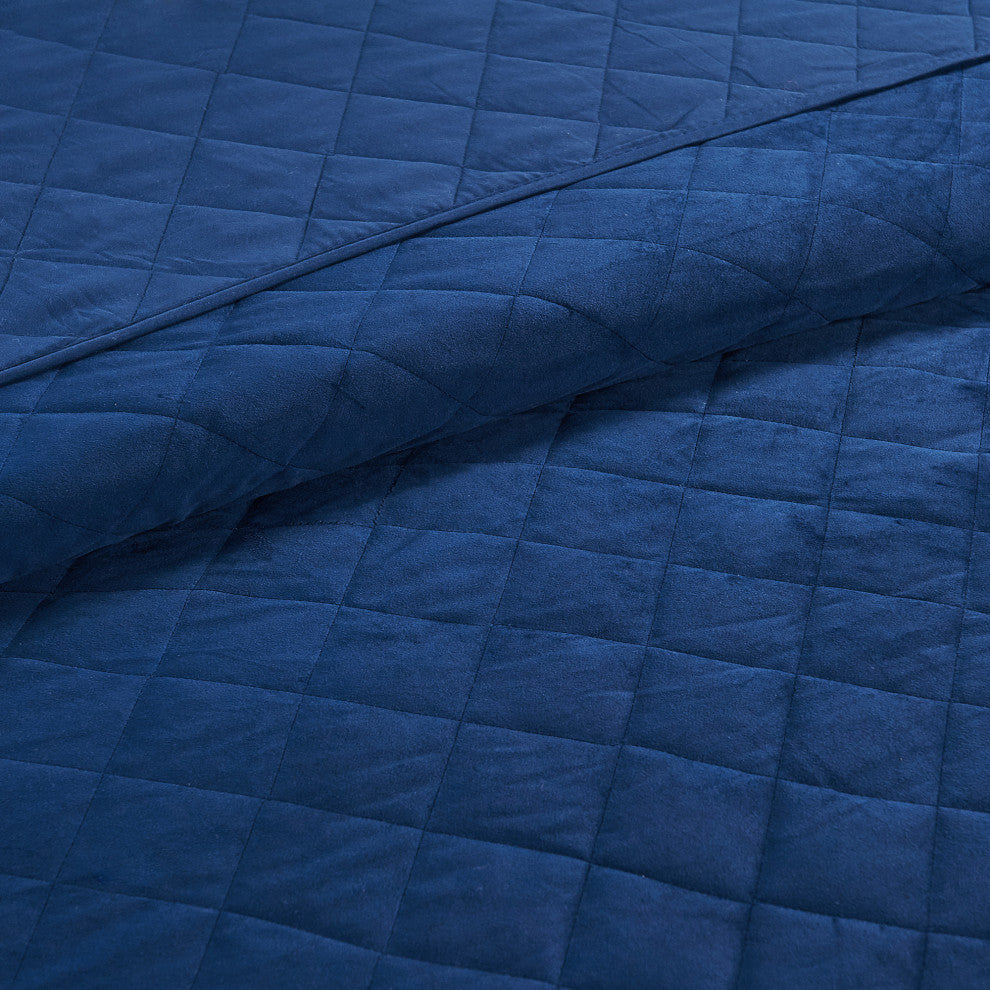 Velvet Quilted 5 Piece Bed Spread Set, Blue, Over-Sized King 122" X 106"
