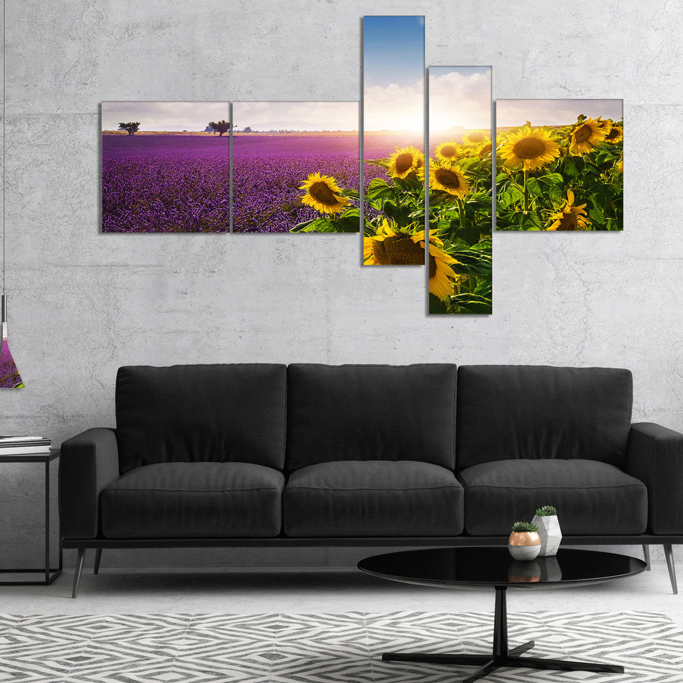 Lavender and Sunflower Fields, Floral Canvas Art Print, 60"x32", 5 panels