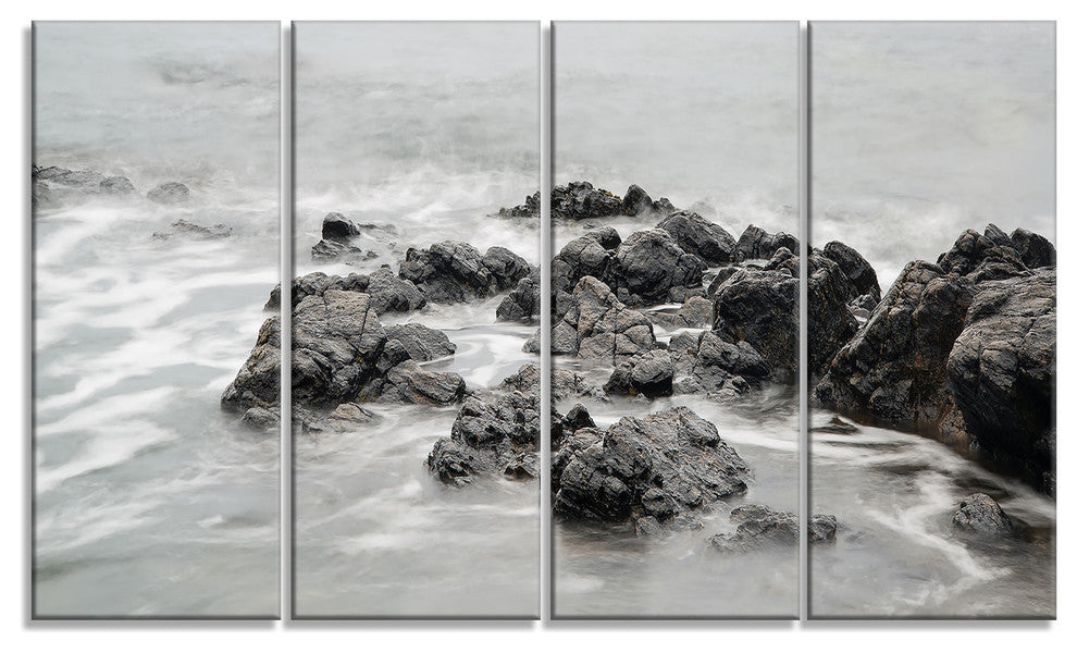 "Black and White Rocky Coastline" Wall Art, 48"x28", 4-Panels