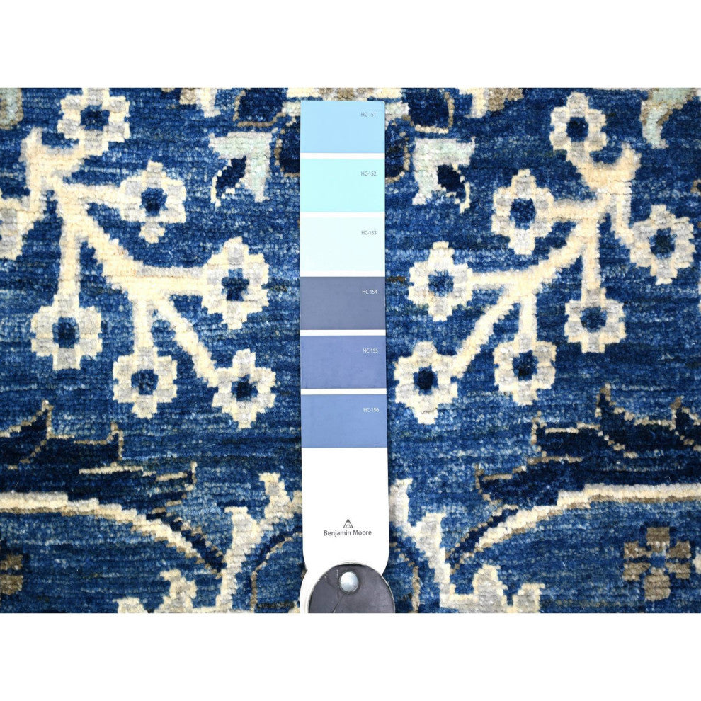 Sapphire Blue Natural Wool Fine Peshawar Hand Knotted Wide Runner Rug 3'7"x9'11"