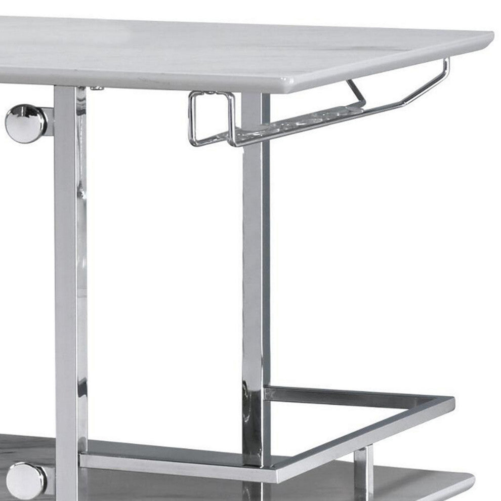 Bar Table with Faux Marble and Chrome Finish, White and Silver