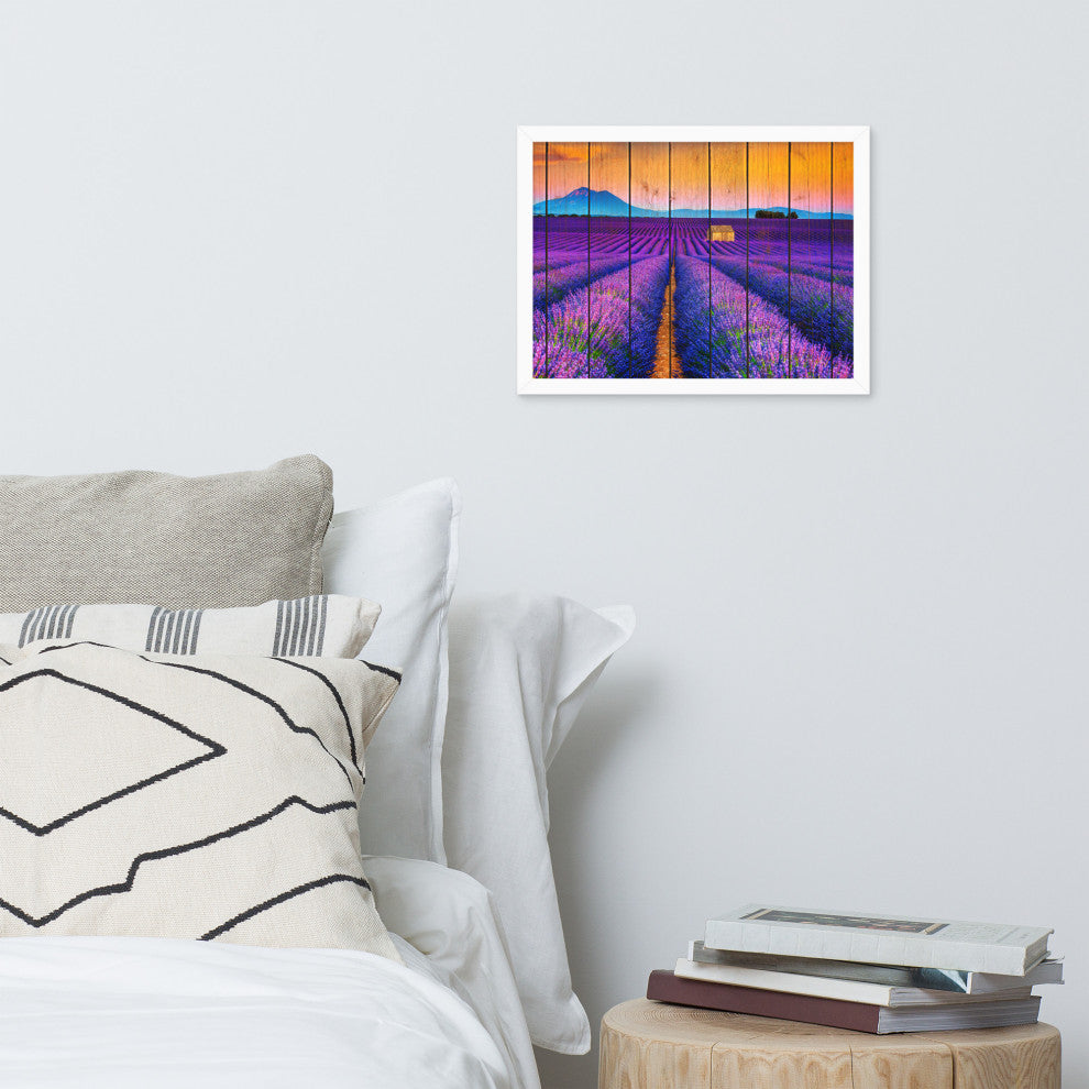 Faux Wood Lavender Fields and Sunset Landscape Framed Photo Paper Wall Art Print, White, 12" X 16"