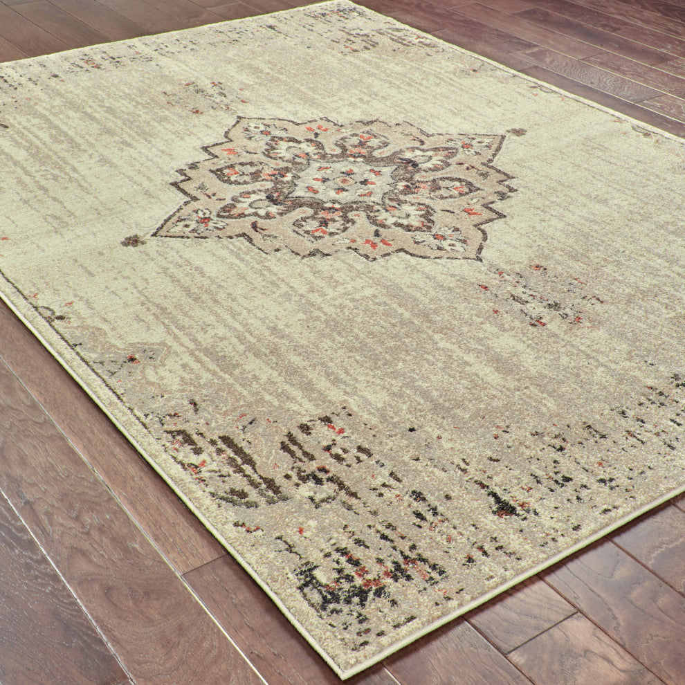 Parham Floral Medallion Ivory and Brown Area Rug, 9''10"x12''10"