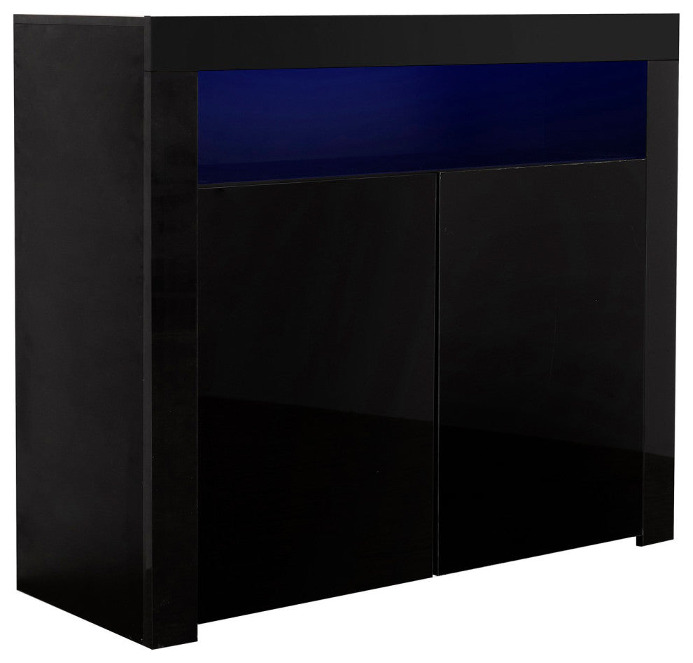 Wood Double Door Accent Cabinet with LED Light, Black, 42'' X 16''