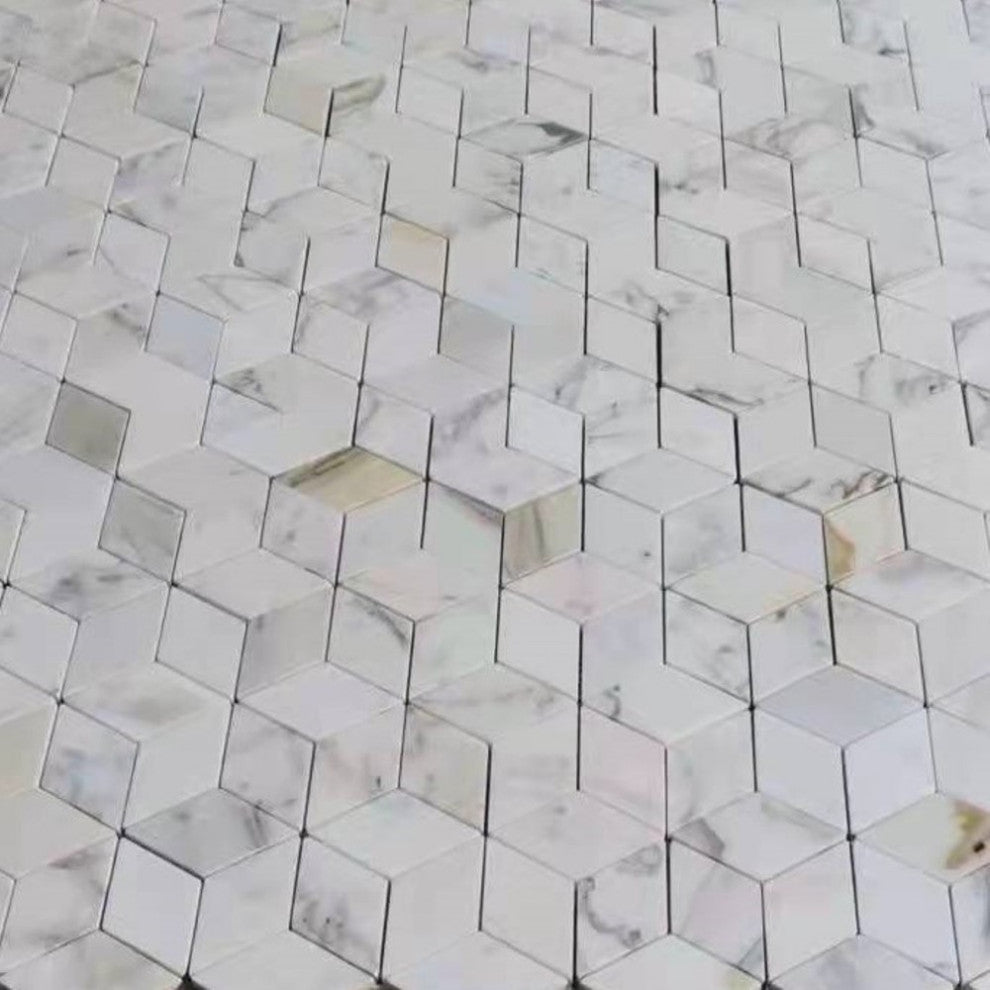 Calacatta Gold Marble Illusion 3D Cube Rhombus Diamond Hex Tile Polish, 1 sheet