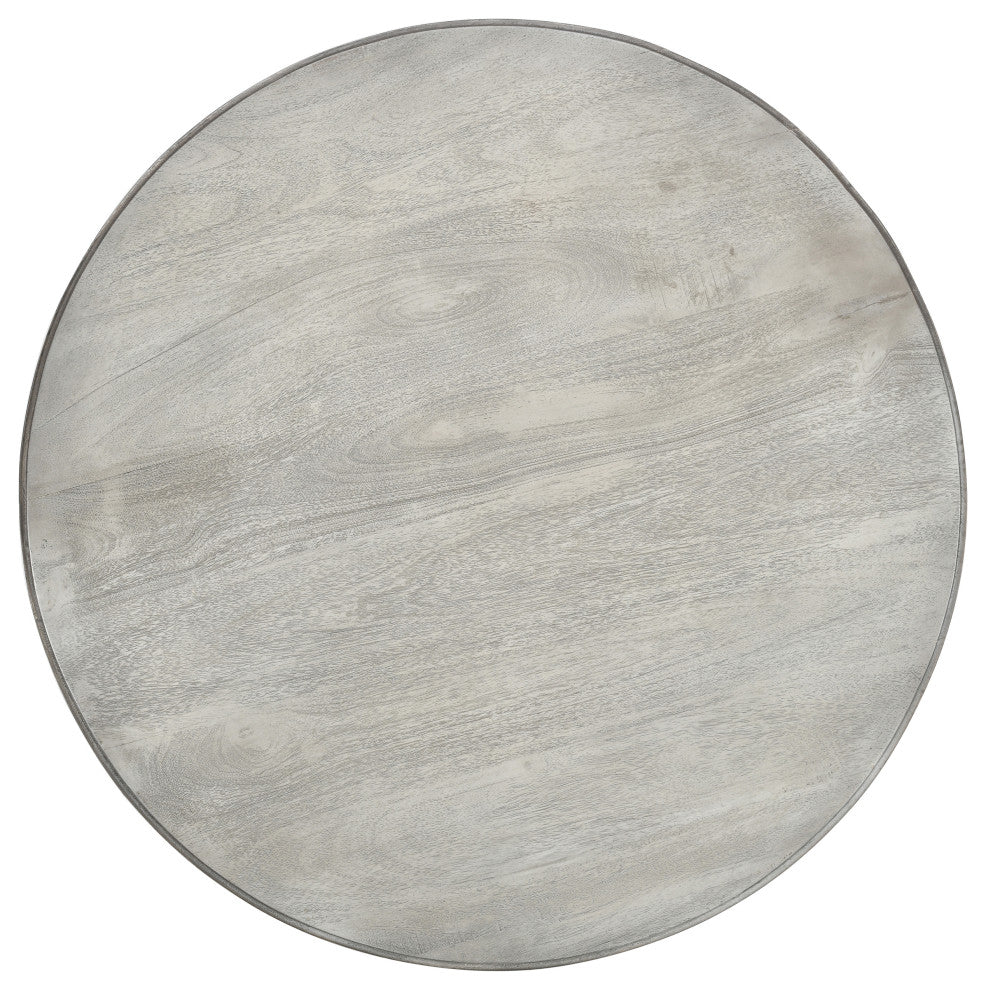 42" Mango Wood Dining Table Round Top Pedestal Base Washed White Gray