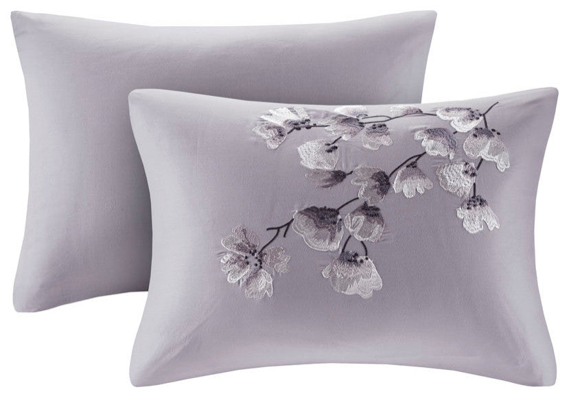 N Natori Sakura Blossom 3 Piece Cotton Sateen Printed Duvet Cover Set, Lilac