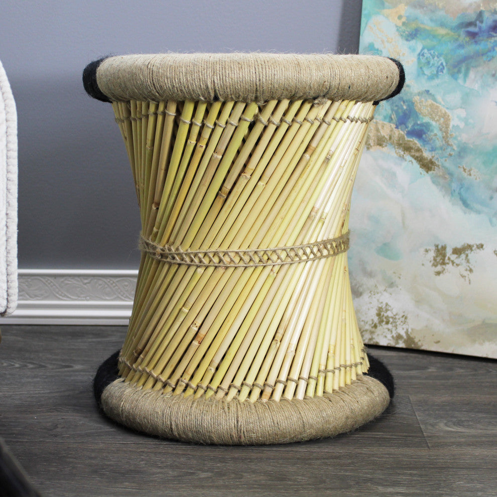 Natural Geo Moray Decorative Handwoven Jute Accent Stool, Black Diamond