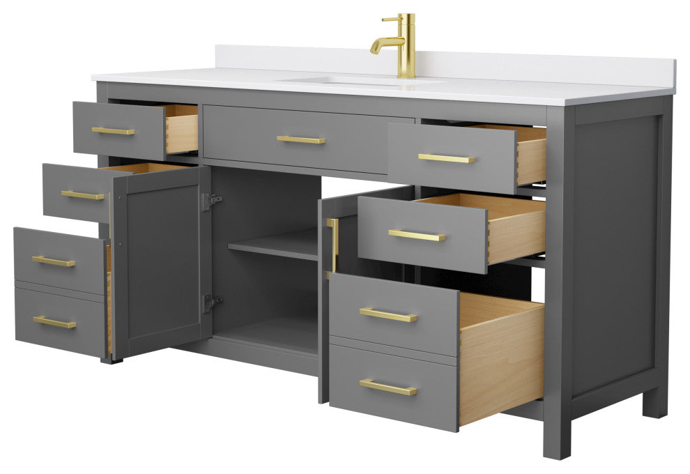 66"SGL Bathroom Vanity Dark Gray, White Cult. Marble Countertop, Sink, Gold Trim