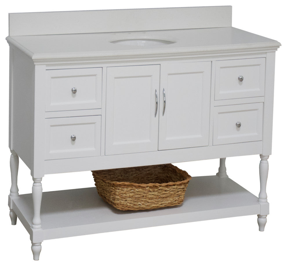 Beverly 48" Bathroom Vanity, White, Quartz