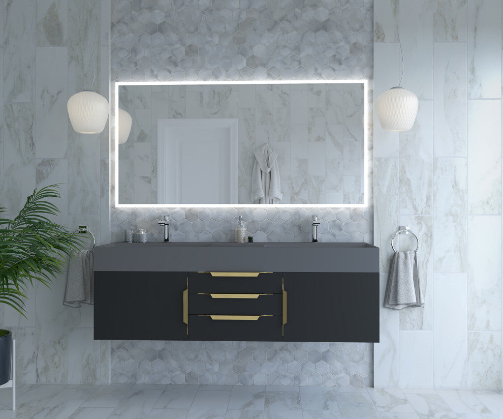 CastelloUSA Amazon 60" Wall Mounted Vanity Set, Black, Gray Top, Gold Handles