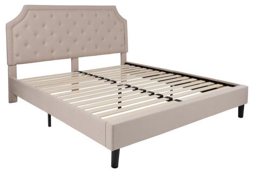 Roxbury Upholstered Platform Bed -10 Inch Foam & Pocket Spring Mattress, Beige With Nail Trim, King
