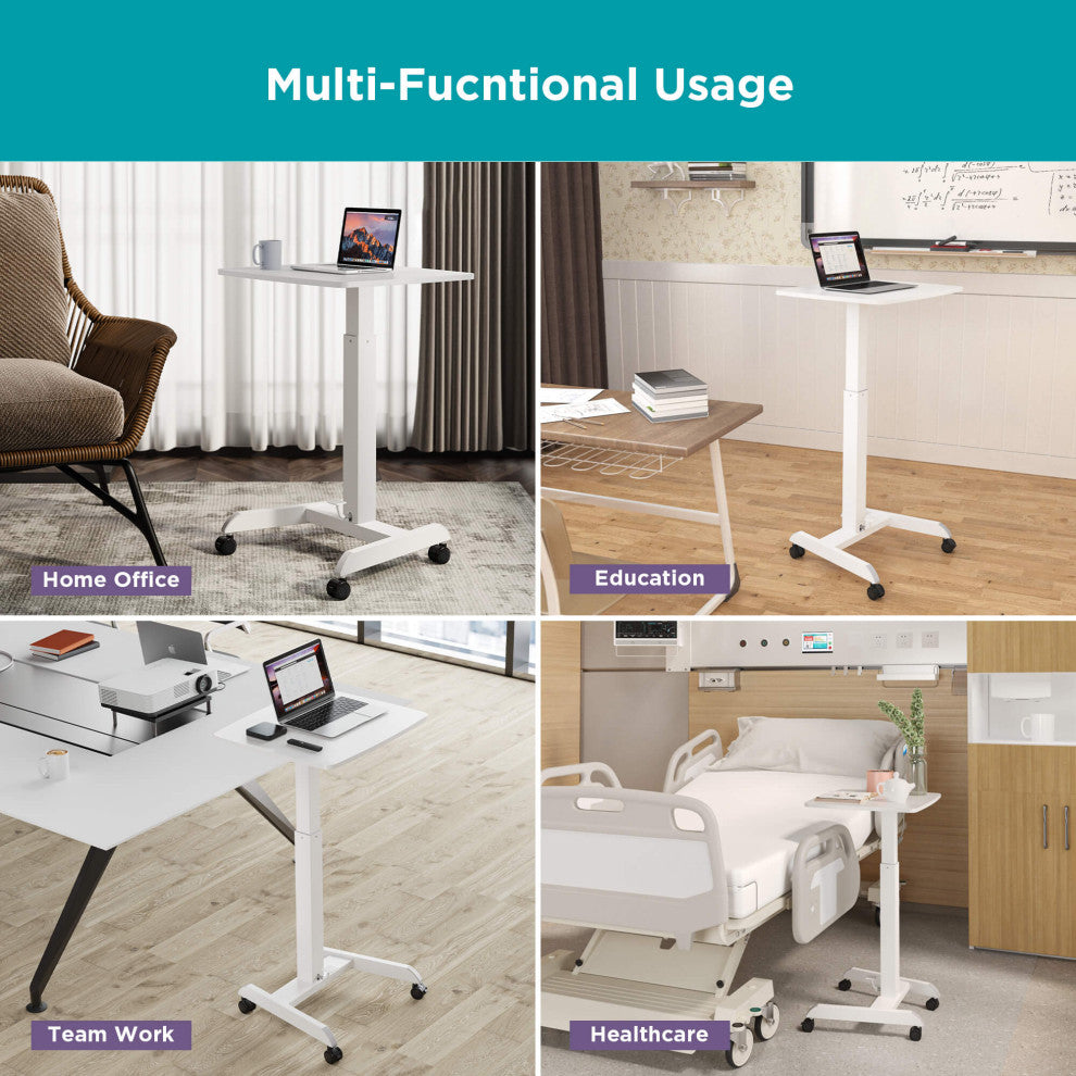 Mobile Pedal Controlled Height Adjustable Sit Stand Desk, Compact Size, White