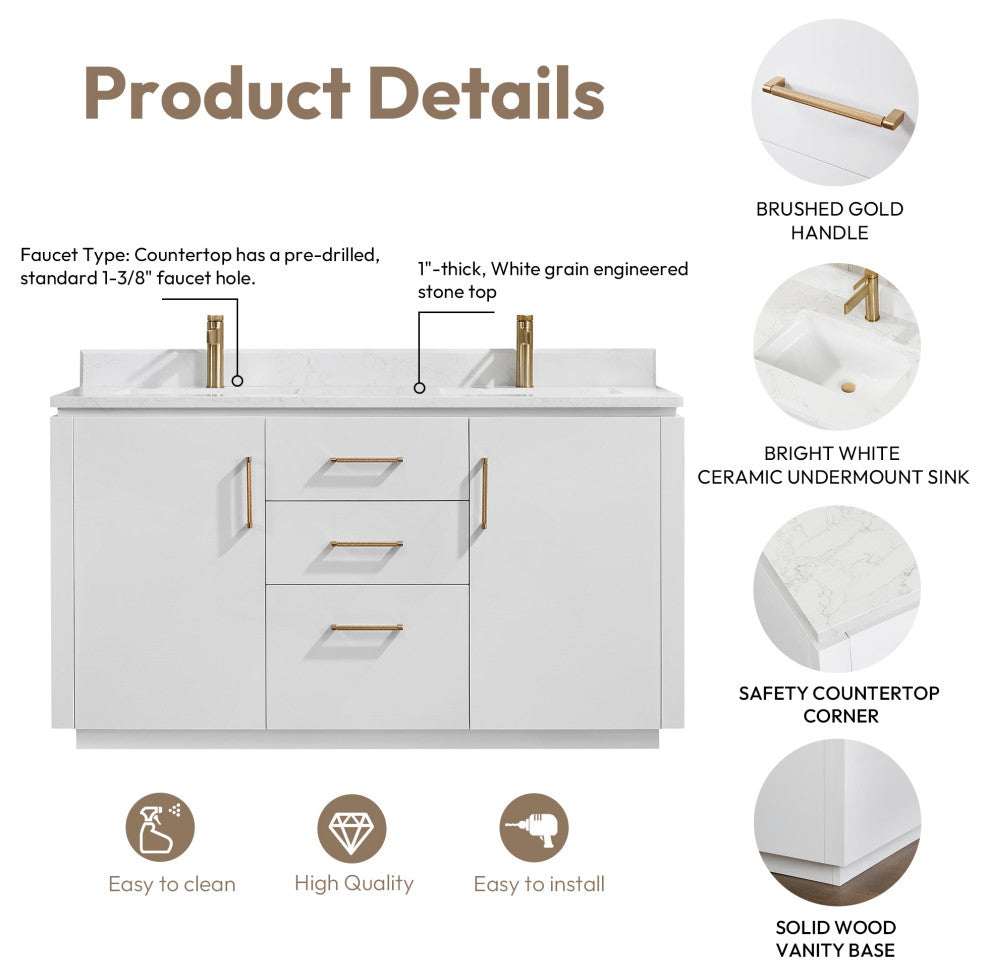 San Bath Vanity with Stone Top, White, 60" Double Sink, Double Vanity, No Mirror