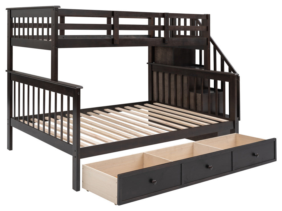 Gewnee Twin-Over-Full Bunk Bed with Drawers and Stairway in Espresso