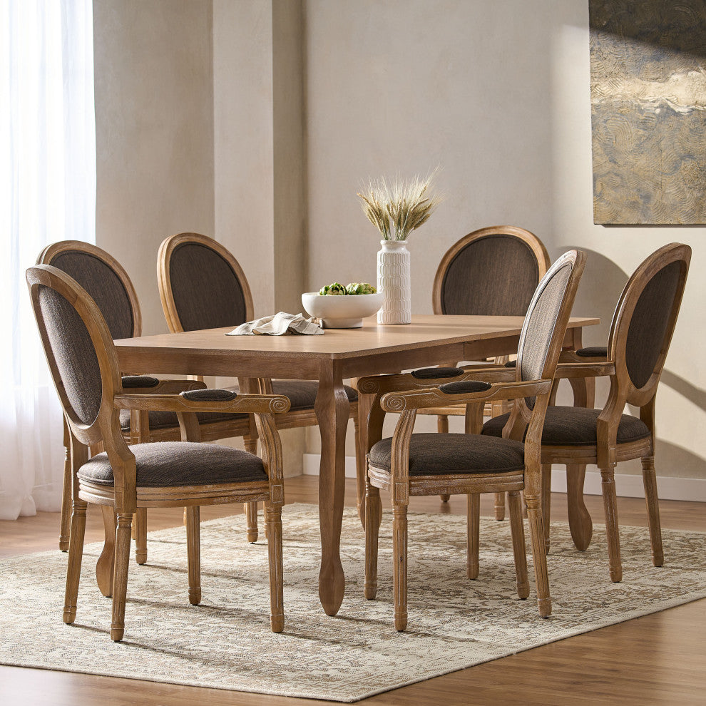 Comisky French Country Fabric Upholstered Wood Expandable 7-Piece Dining Set, Natural Brown/Brown