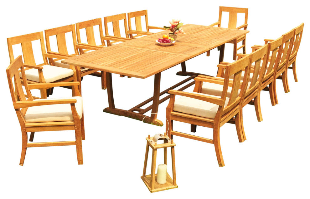 13-Piece Outdoor Teak Dining Set: 117" Masc Rectangle Table, 12 Osbo Arm Chairs