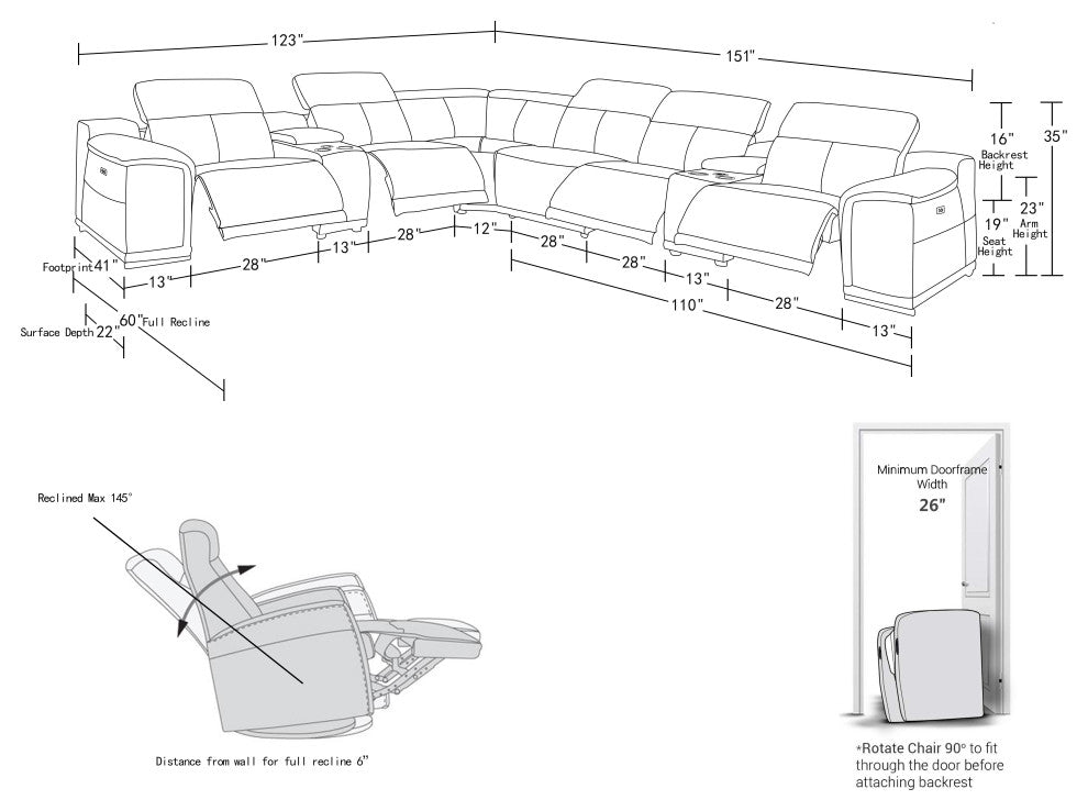 Federico 8-Piece L-Shaped Italian Leather Sectional, 4 Power Recliners, Cognac