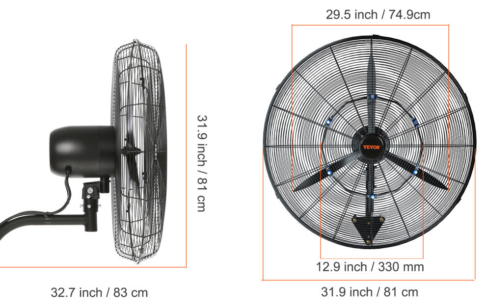 VEVOR Industrial Wall Mount Fan Oscillating Metal Fan 3 Speed, 30"œ Waterproof