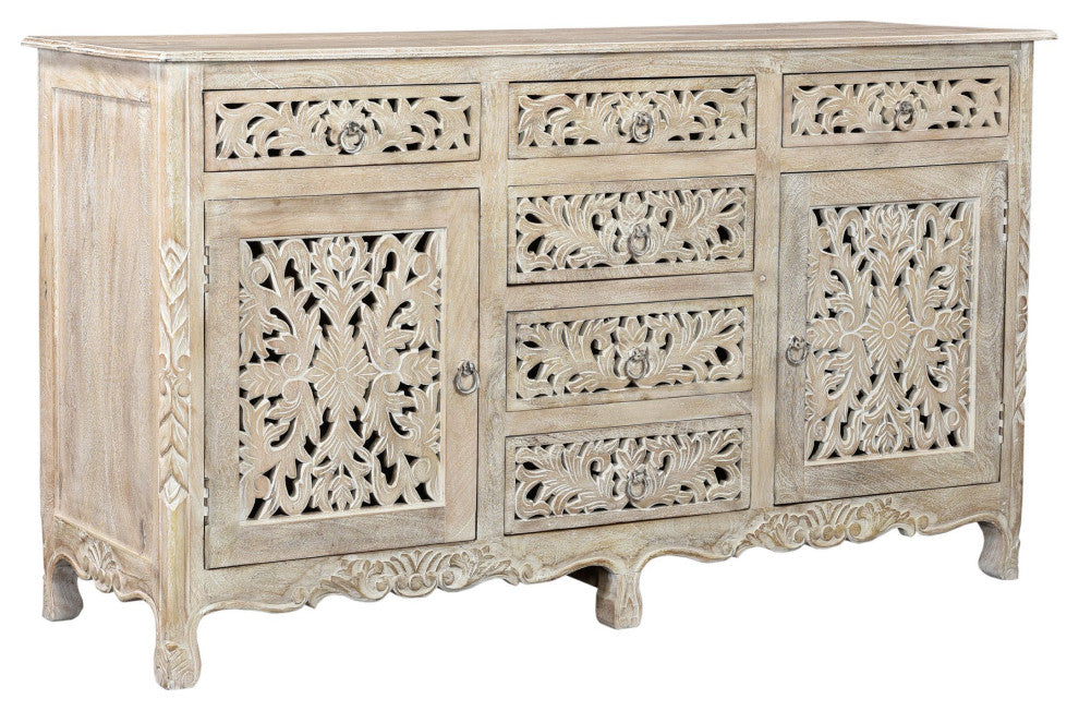 Delaney Carved Sideboard, Distressed Off-White