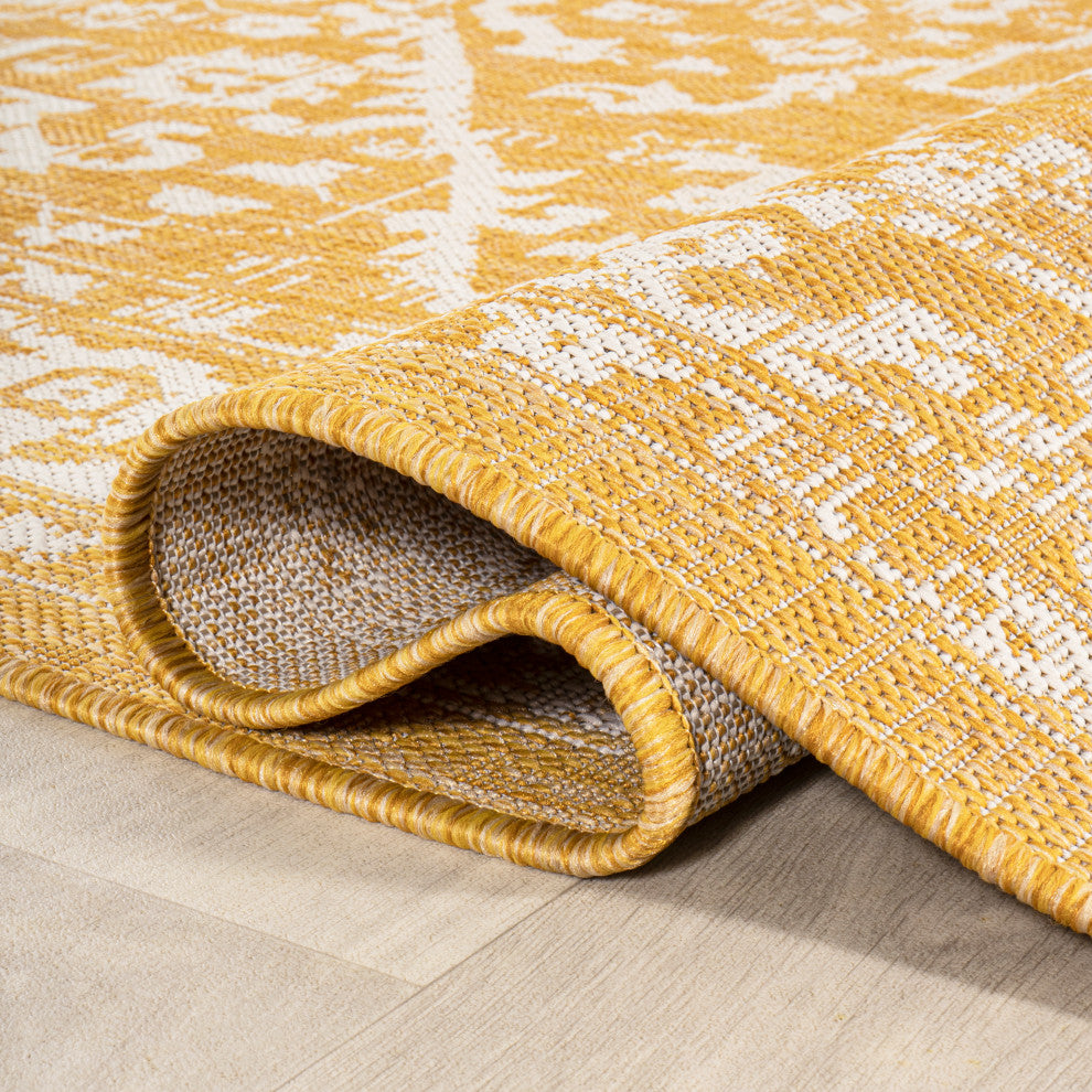 Malta Boho Medallion Textured Weave Indoor/Outdoor, Yellow/Cream, 5' Square