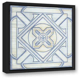 Blue and White Watercolor Tile 16x16 Black Floating Framed Canvas