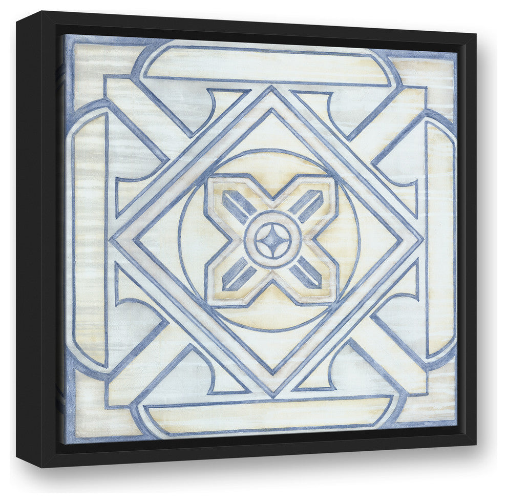 Blue and White Watercolor Tile 16x16 Black Floating Framed Canvas