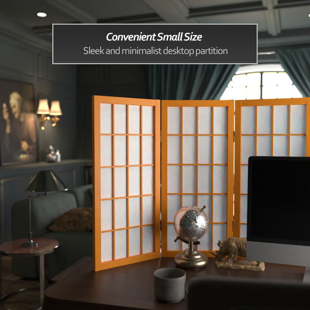 2' Tall Desktop Window Pane Shoji Screen, Honey, 4 Panels