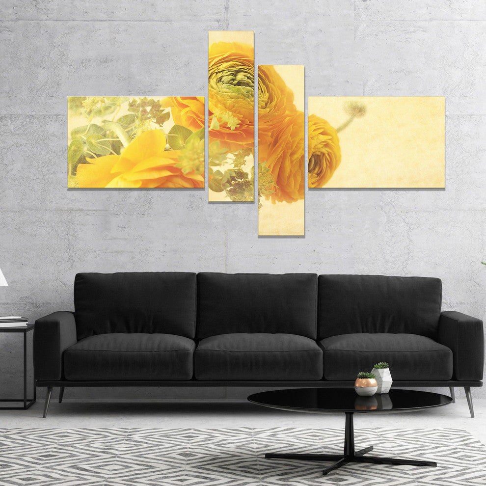 Bunch of Yellow Ranunculus Flowers, Floral Canvas Art Print, 60"x32", 4 panels