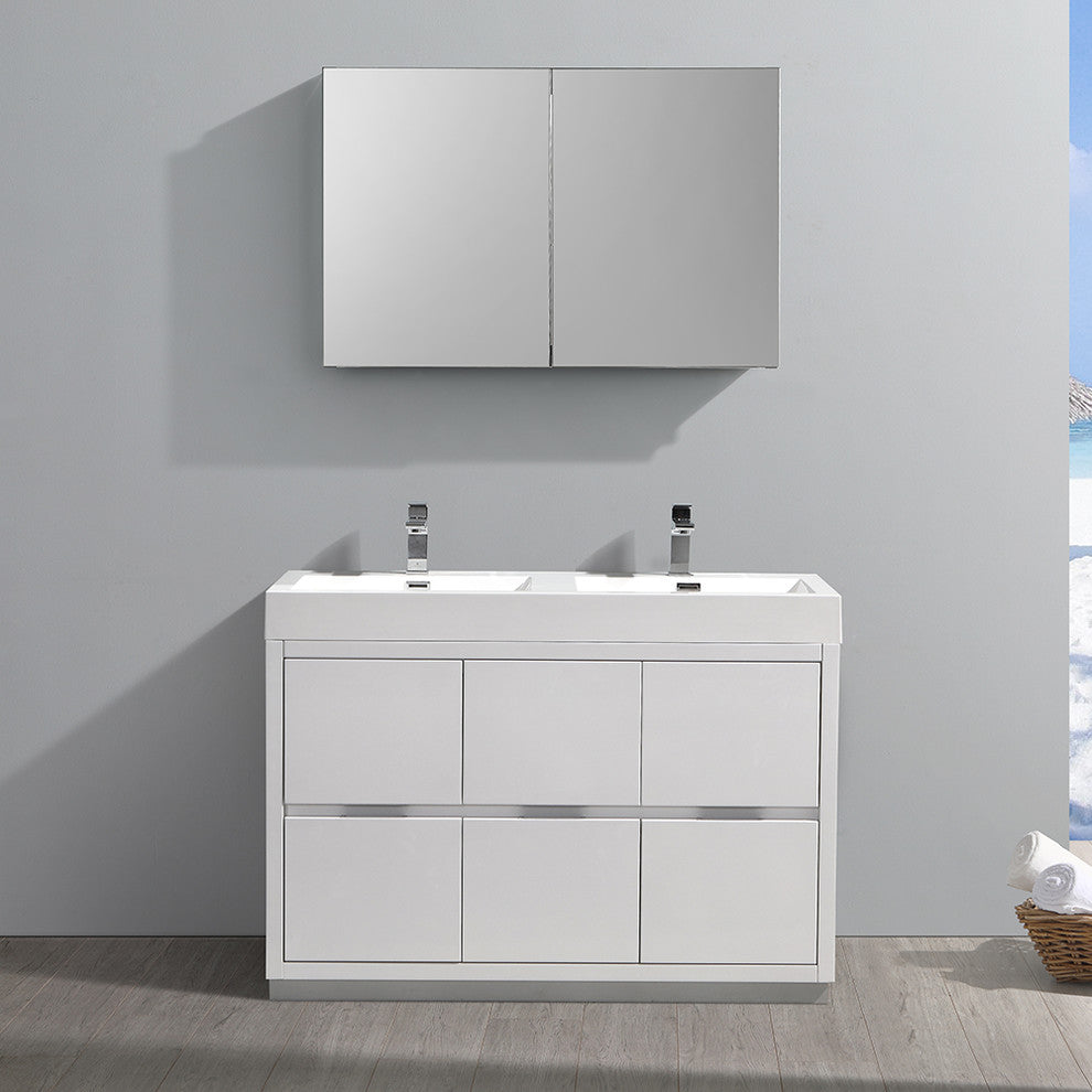 Valencia 48" Glossy White Free Standing Double Sink Vanity, Faucet FFT1030CH
