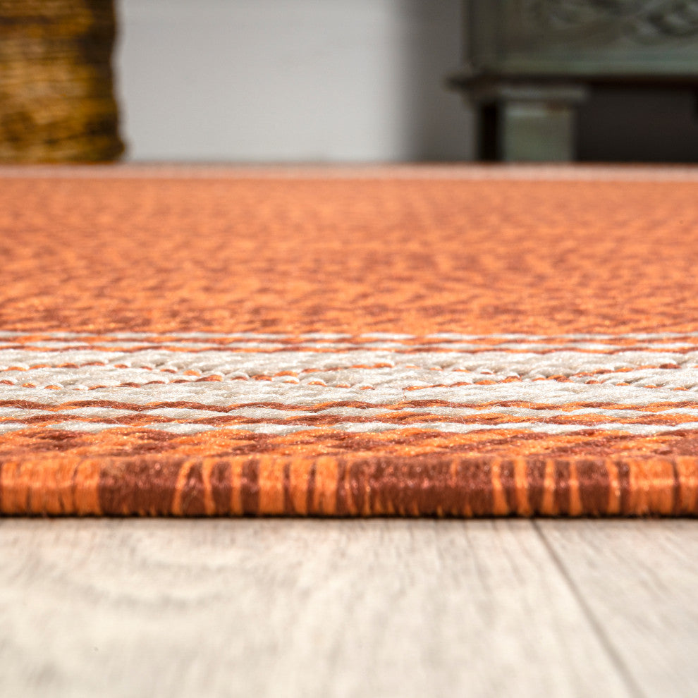 Lucia Classic Diamond Border Indoor/Outdoor Area Rug, Orange/Cream, 2x8