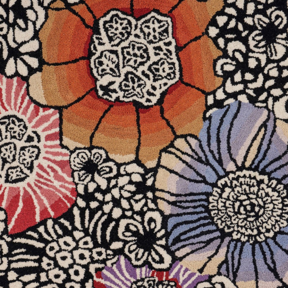 4" Round Red and Black Floral Area Rug