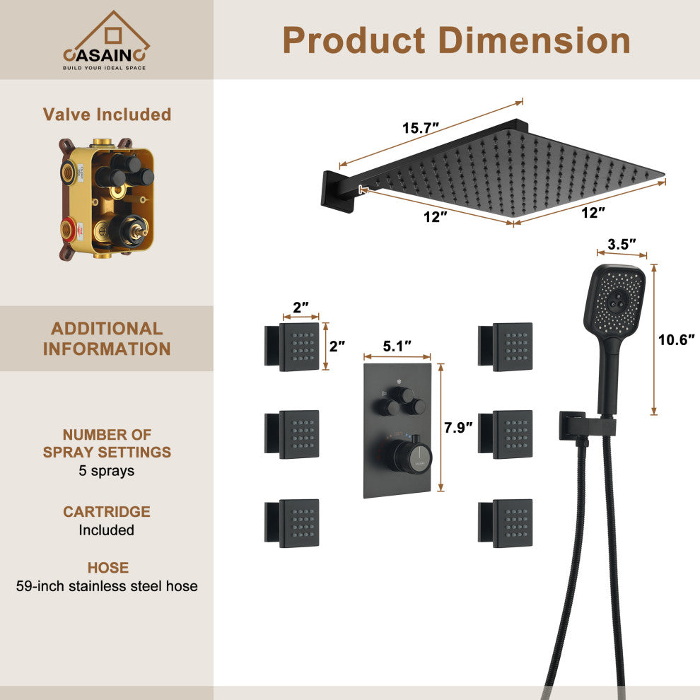 CASAINC 12" Wall Mounted Rainfall Shower Head with 6 Body Jets Shower System, Matte Black